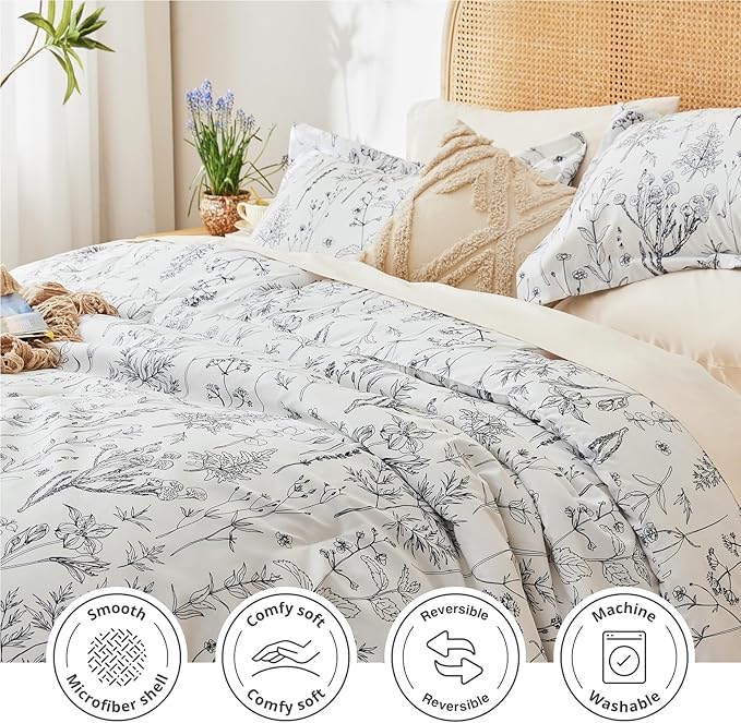 Love's cabin White King Size Comforter Set - King Comforter Set, 3 Pieces Cute Floral Bedding Sets for All Seasons,1 Soft Reversible Botanical Flowers Comforter and 2 Pillow Shams