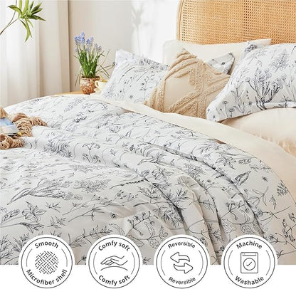 Love's cabin White King Size Comforter Set - King Comforter Set, 3 Pieces Cute Floral Bedding Sets for All Seasons,1 Soft Reversible Botanical Flowers Comforter and 2 Pillow Shams