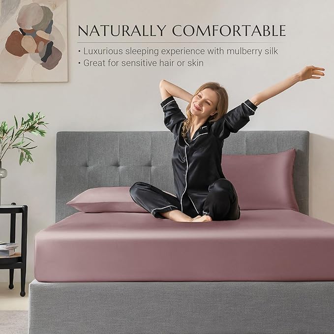 THXSILK 100% Mulberry Silk Fitted Sheet Set, 7A+ Silk 3 Pieces Bed Sheets, Breathable, Smooth, 16 Inch Deep Pocket Fitted Sheet, 2 Pillowcases - Purple, Twin