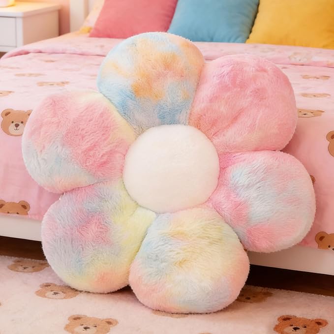 Rainbow Flower Pillow Daisy Flower Shaped Pillow Aesthetic Decor Soft Colorful Plush Floor Seat Cushion Pillows for Sofa Bed Chair Couch