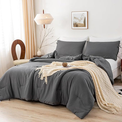 King Bed Comforter Set, Super Soft Washed Polycotton Fabric, Cozy Comfy Down Alternative Bed Blanket 1 Comforter Set & 2 Pillowcase Lightweight but Warm for All Season Use,King Dark Grey