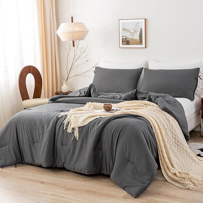 Softness Cal King Comforter Set - Cozy Polycotton Fabric - Fluffy Down Alternative Comforter California King Size with 2 Pillowcase - Lightweight but Warm Bed Blanket All Season - Dark Gray