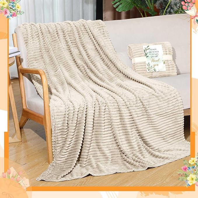 Buryeah 24 Pcs Wedding Flannel Fleece Throw Blanket Bulk with Thank You Card and Ribbon, 50 x 60 in Oeko-TEX Standard 100 Certified Blankets Outdoor Wedding, Guest Party Souvenirs (Khaki)