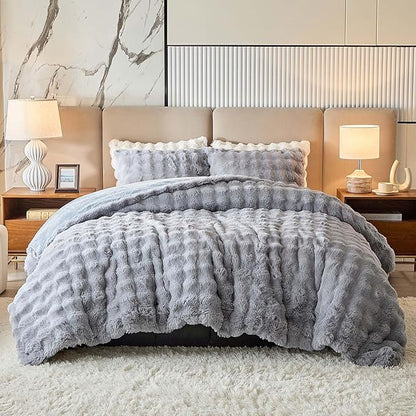 Twin Faux Rabbit Fur Comforter Set - 3 Pieces Fluffy Bedding Set Ultra Soft Warm Shaggy Winter Flannel Bed Set, Luxury Skin Friendly Sherpa Comforter Set & 2 Pillow Shams for Thanksgiving Light Gray