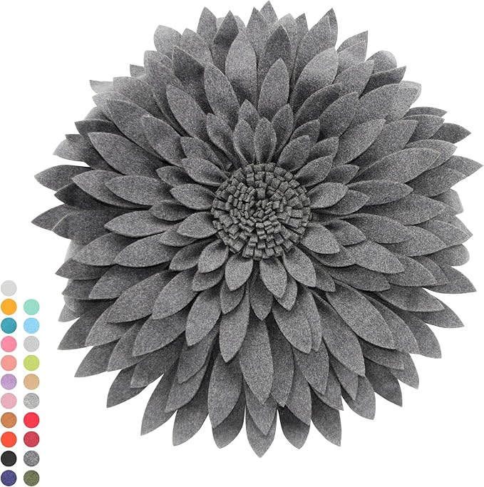 3D Daisy & Sunflower Decorative Pillow - 14.5" Flower, 13" Pillow With Insert, Dark Heather Grey