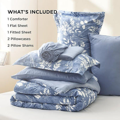 Bedsure King Size Comforter Set - 7 Pieces Floral Blue Soft Bedding Sets, King Bed in a Bag with Botanical Flowers Comforter, Sheets, Pillowcases & Shams
