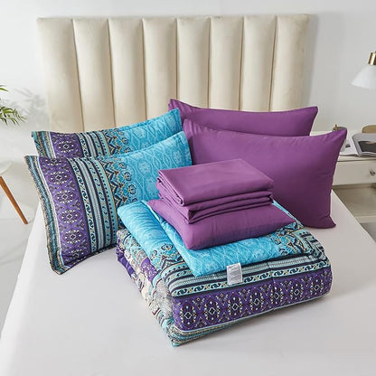 Cottolester Boho Comforter Set King Size 8 Piece Bed in a Bag Bohemian Striped Bedding Quilt Set Aqua Paisley Floral Comforter and Sheet Set,Soft Microfiber Complete Bedding Sets for All Season