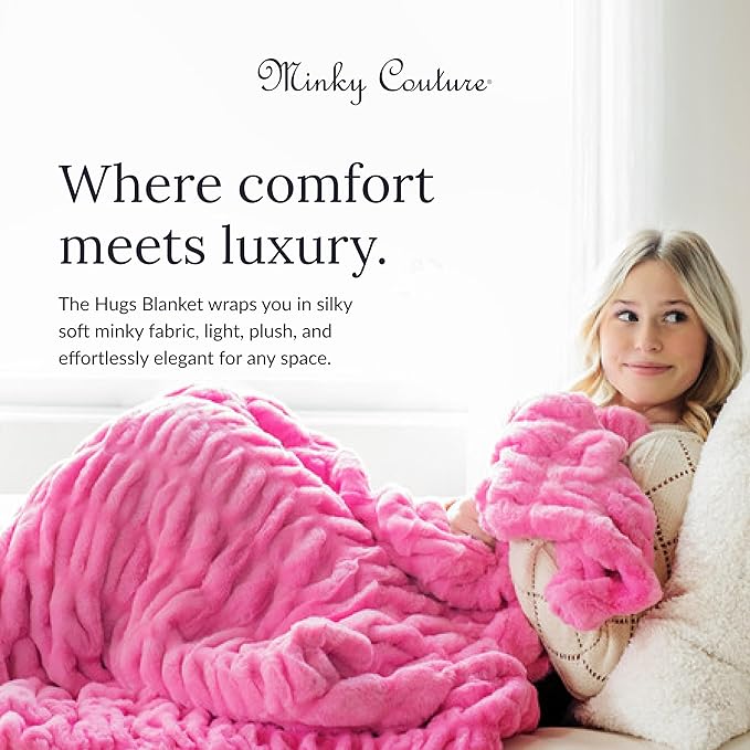 Minky Couture Hugs Blanket - Extra Plush Blanket for Premium Gifting - Stretchy Bubbled Cozy Throw - Silky Smooth - Durable & Machine-Washable - Travel-Friendly - Travel, Pink