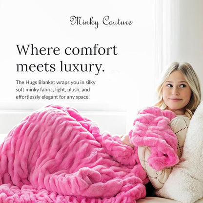 Minky Couture Hugs Blanket - Extra Plush Blanket for Premium Gifting - Stretchy Bubbled Cozy Throw - Silky Smooth - Durable & Machine-Washable - Travel-Friendly - Travel, Pink