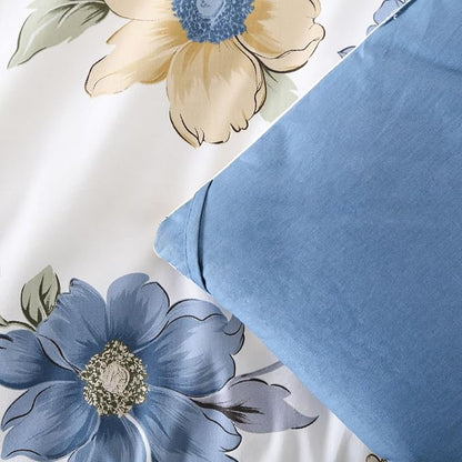 Cotton Comforter Queen Size Set – White Blue Floral Cotton Shell Bedding, Soft & Breathable, All-Season Down-Alternative Fill, Includes 1 Comforter & 1 Pillow Sham