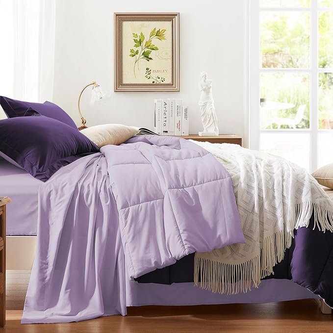Anluoer King Comforter Set,Dark Purple&Light Purple Bed in a Bag 7 Piece,Lightweight Bedding Set with Down Alternative Fill,Bed Set Includes Comforter, Fitted Sheet, Flat Sheet,Pillowcases and Shams