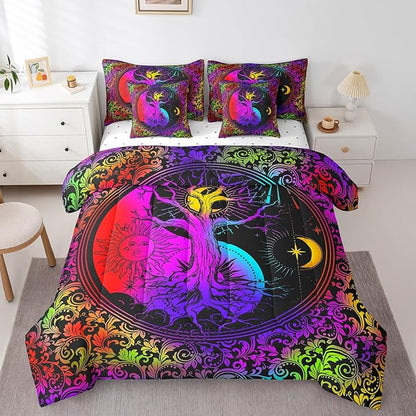 Feelyou Galaxy Life Tree Bedding Set with Comforter, Twin Size 7Pcs Sun Moon Comforterative Colorful Boho Exotic Bed in a Bag with Comforter, Astrology Space Room Decor