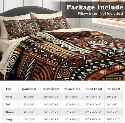 Comforter Set Queen Size, Vintage Tribal African 7 Pcs Bedding for Kids and Adults, Brown Abstract Patchwork Bed Sheet Sets with Fitted Sheet 2 Pillowcases & 2 Shams