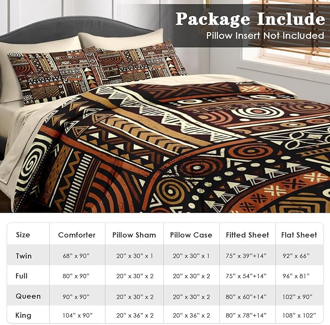 Comforter Set King Size, Vintage Tribal African 7 Pcs Bedding for Kids and Adults, Brown Abstract Patchwork Bed Sheet Sets with Fitted Sheet 2 Pillowcases & 2 Shams