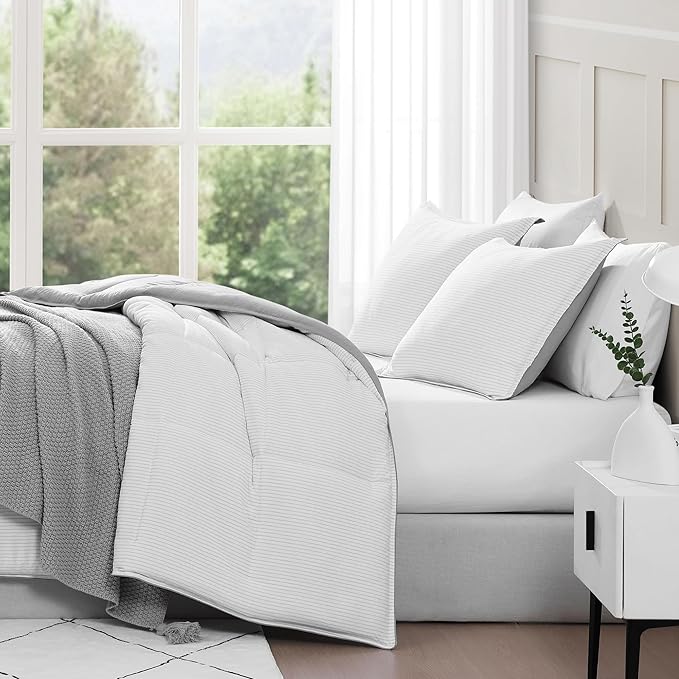 Casa Platino Fluffy Duvet Insert - Pre-Washed Hydro-Brushed 100% Microfiber Comforter Set - Comfy Bedding King Size - Ticking Stripe Silver