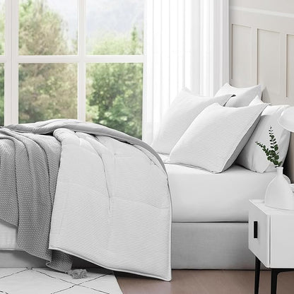 Casa Platino Fluffy Duvet Insert - Pre-Washed Hydro-Brushed 100% Microfiber Comforter Set - Comfy Bedding King Size - Ticking Stripe Silver