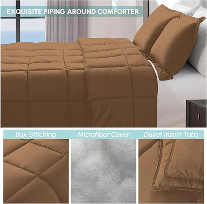 Elegant Comfort 3-Piece Box Stitched Down Alternative Comforter with Shams - Ultra Soft for All Season Duvet Insert with Corner Tabs, Plush Cozy 3PC Comforter Set, Queen, Khaki