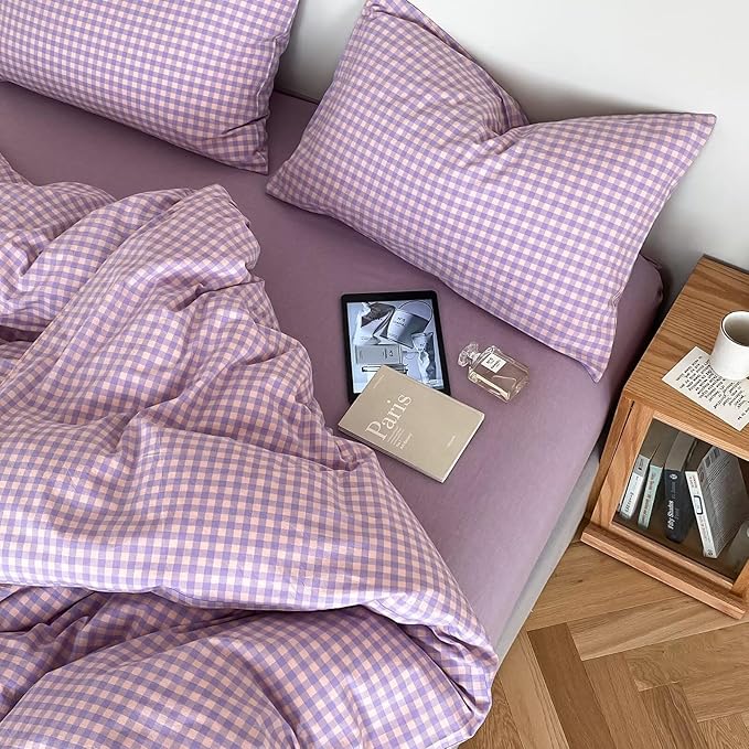 mixinni Purple Gingham Comforter Set Twin XL, Plaid Comforter Set 3 Pieces 1 Purple Grid Comfoter with 2 Pillow Cases for All Seasons, Soft Fluffy Modern Grid Pattern Printed Bedding-Twin XL Size