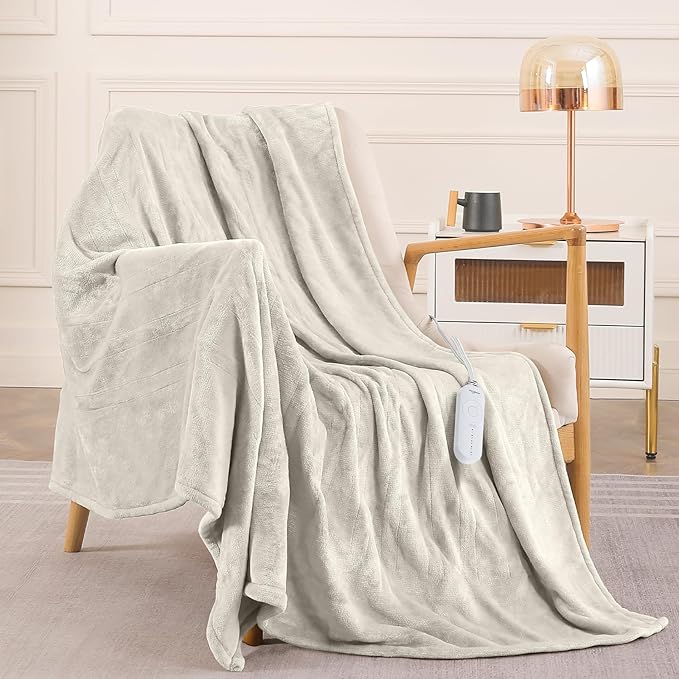 HOMLYNS LuxeHeat Heated Blanket Electric Blanket, Soft Flannel Sherpa Heated Throw, Heating Blanket with 5 Heat Settings, 3 hrs Timer Auto Shut Off (50x60 inches, Cream)