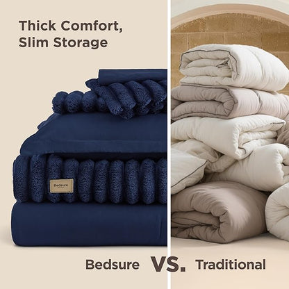 Bedsure Gentlesoft™ 2-in-1 Twin Comforter Set and Detachable Fluffy Blanket, Navy Blue Bedding Set for All Season Use, SnapTech Design for Space Saving (Includes 1 Pillow Sham, 1 Pillowcase)