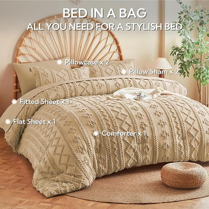 MR&HM Khaki Boho Comforter Set Queen, Tufted Boho Bedding Set, Farmhouse Shabby Chic Bed in a Bag with 1 Comforter, 2 Pillow Shams, 2 Pillowcases, 1 Flat Sheet, 1 Fitted Sheet for All Seasons