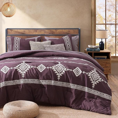 MaiRêve Embroidery King Size Comforter Set Purple, Boho Farmhouse Western Bedding Set 7 Pieces, All Season Bed in A Bag Comforter Set with Sheets, Pillowcases & Shams