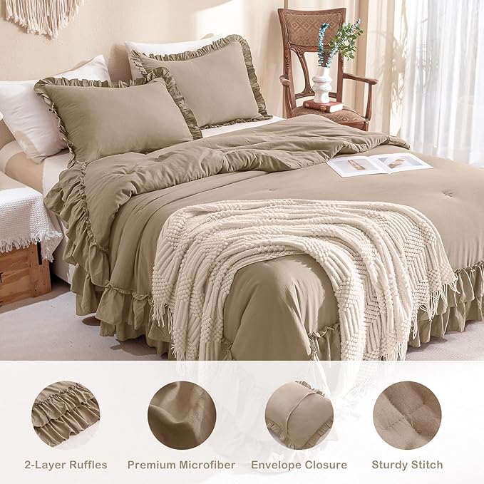 Masaca Ruffled Comforter Set for Queen Bed,3 Pieces Vintage Farmhouse Shabby Light Taupe Bedding Comforter Set Lightweight Ultra Soft French Country Bedding (1 Farmhouse Comforter +2 Pillowcases)