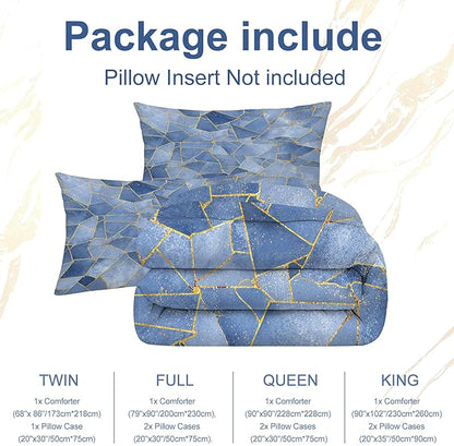 Geometri Marble Comforter Set Full Size Gold Glitter Lines Bedding Set Marbled Geometry Print Bed Set for Bedrom Decor Watercolor Dusty Blue Marbling Quilt Set with 1 Comforter + 2 Pillowcases