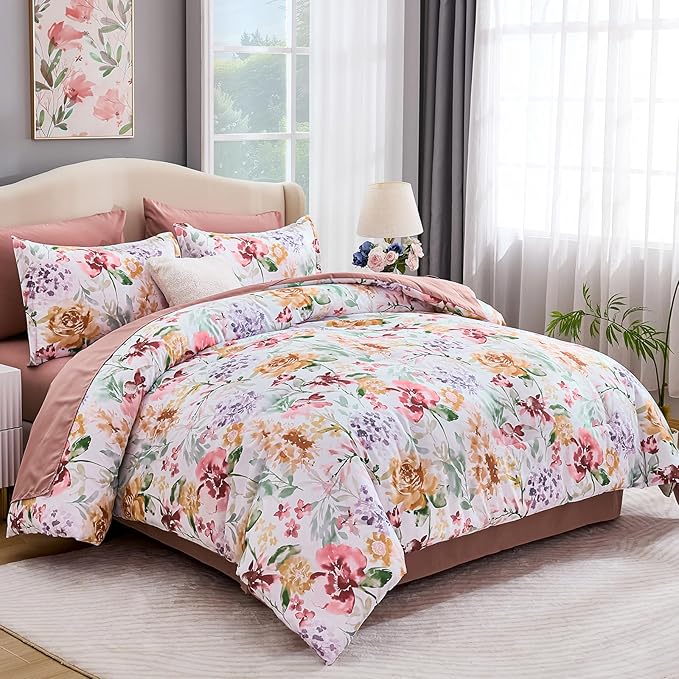 Luxudecor Floral Comforter Set Queen Size 7 Pieces Bed in a Bag, Dusty Rose Pink Flower Watercolor Bed Set, Soft Comforter with Sheet Set 90"x90"