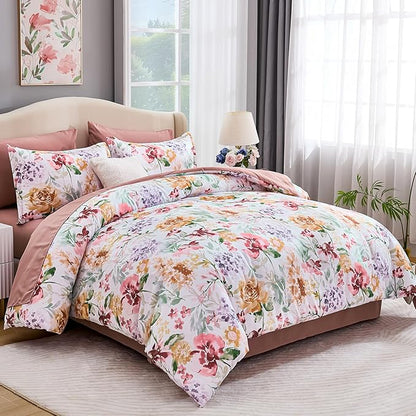 Luxudecor Floral Comforter Set King Size 7 Pieces Bed in a Bag, Dusty Rose Pink Flower Watercolor Bed Set, Soft Comforter with Sheet Set 104"x90"