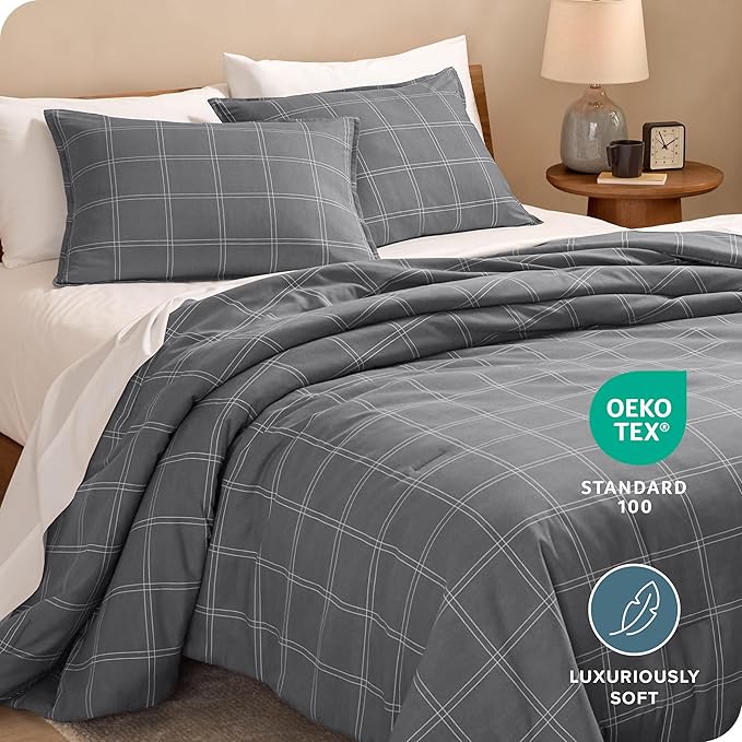 Bare Home Comforter Set - Twin/Twin Extra Long - Ultra-Soft - Goose Down Alternative - Premium 1800 Series - All Season Warmth Comforter (Twin/Twin XL, Modern Plaid - Grey/White)