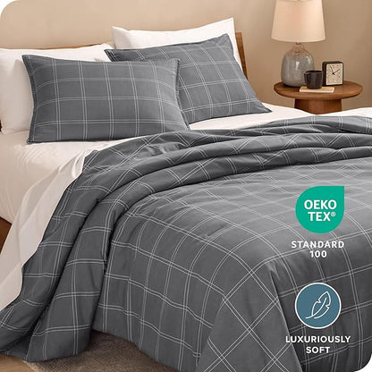 Bare Home Comforter Set - Queen Size - Ultra-Soft - Goose Down Alternative - Premium 1800 Series - All Season Warmth Comforter (Queen, Modern Plaid - Grey/White)