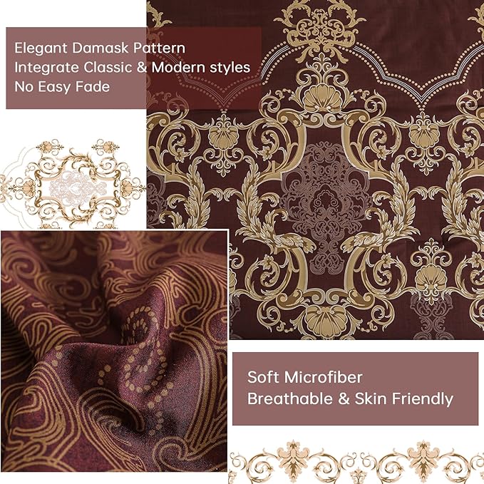 Mybedsoul Burgundy Queen Comforter Set, 7 Pieces Boho Bed in a Bag for Queen Bed, Damask Comforter with Sheets Pillowcases, Soft Microfiber Lightweight Bedding Sets for All Season(90"x90")