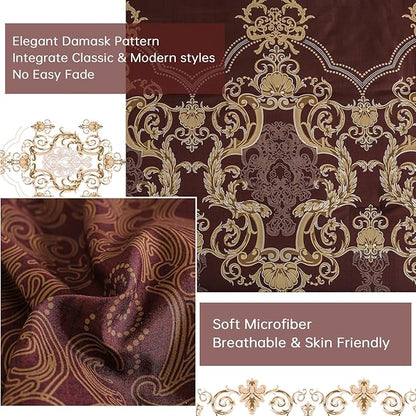 Mybedsoul 7 Pieces Burgundy Comforter Set King Size, Damask Bed in a Bag for King Bed, Lightweight Microfiber Boho Bedding Sets with Comforter, Sheet, Pillowcases & Shams for All Season(90"x104")