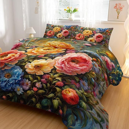Vintage 3D Flower Floral Comforter Set Full Size 3PCS,Colorful Flowers Pattern Bedding Set for Teen Adult,Floral Themed Room Decor Ultra-Soft Lightweight Microfiber with 2 Pillowcases