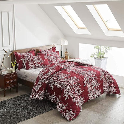 Christmas Bed in a Bag Burgundy Red Comforter Sheet Set 7 Pieces Queen Size All Season Tree Branch Soft Microfiber Bedding Set (1 Comforter 2 Pillow Shams 1 Flat Sheet 1 Fitted Sheet 2 Pillowcases)