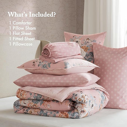 Madison Park Essentials Floral Comforter Set Twin XL Size, Vintage Flower Bedding Set with Sheet Set, 5 Pieces Bed in a Bag with Reversible Botanical Comforter and Pillowcases & Shams, Heather, Pink