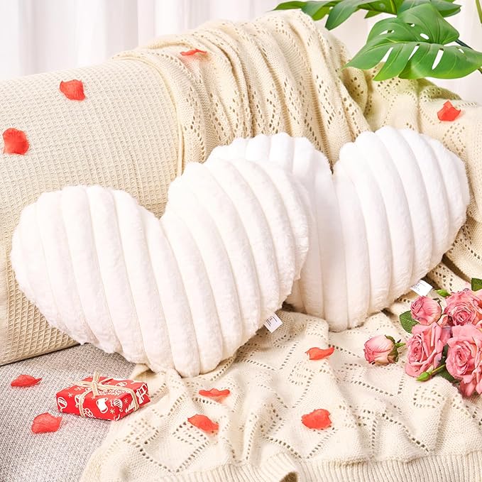 2 Pack White Heart Pillow Decorative Throw Pillows, Fluffy Heart Shaped Pillow for Bed Couch Chair, Faux Fur Cute Love Pillow Cushion for Room Decor, Valentines Day, 15" x 13"