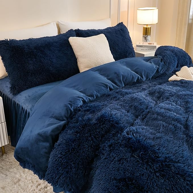 Andency Fluffy Navy Blue Comforter Set Queen Size, 3 Pieces Winter Faux Fur Warm Soft Fuzzy Plush Bedding Comforter Set (1 Velvet Comforter & 2 Pillowcases), Thick Heavy Comfy Comforters Bedding Set