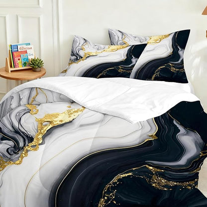 Abstract Marble Bedding Set for Kids Women Men Queen Size 3D Marble Comforter Set Black White Gold Quilt Set for All Age Marbling Quilt Set with 1 Comforter + 2 Pillowcases