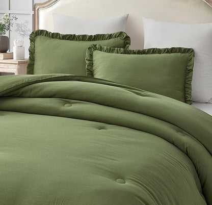 Chezmoi Collection Nora Olive Green Comforter Set Twin Size 2-Piece Lightweight Soft Stone-Washed Ruffled Shabby Chic Bedding for All Season