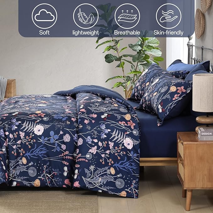 Yiran King Size Comforter Set, 7 Pieces Navy Blue Floral Soft Bedding Sets, King Bed in a Bag with Botanical Flowers Winter Comforter, Sheets, Pillowcases & Shams