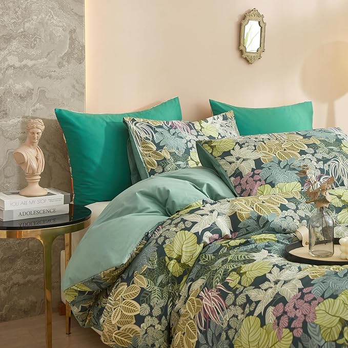 HighBuy Luxury Soft Comforter Set King Size Topical Green Leaves Cottagecore Comforter Set Fluffy Aesthetic Bedding Comforter Modern Style with 2 Pillowcases for Women Men