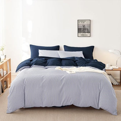 Wake In Cloud - Striped Comforter Set with Sheets, Ticking Stripe Vertical Pinstripe Neutral Farmhouse Pattern Printed, 7 Pieces Bed in a Bag, Navy Blue White, Full Size