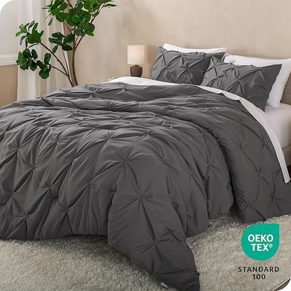 Bare Home Pintuck Pinch Pleat Comforter Set - Down Alternative - Soft, Premium 1800 Series - Bedding for All Seasons, 3 Pieces, 1 Comforter (90”x 104”) and 2 Pillow Shams (King, Grey)