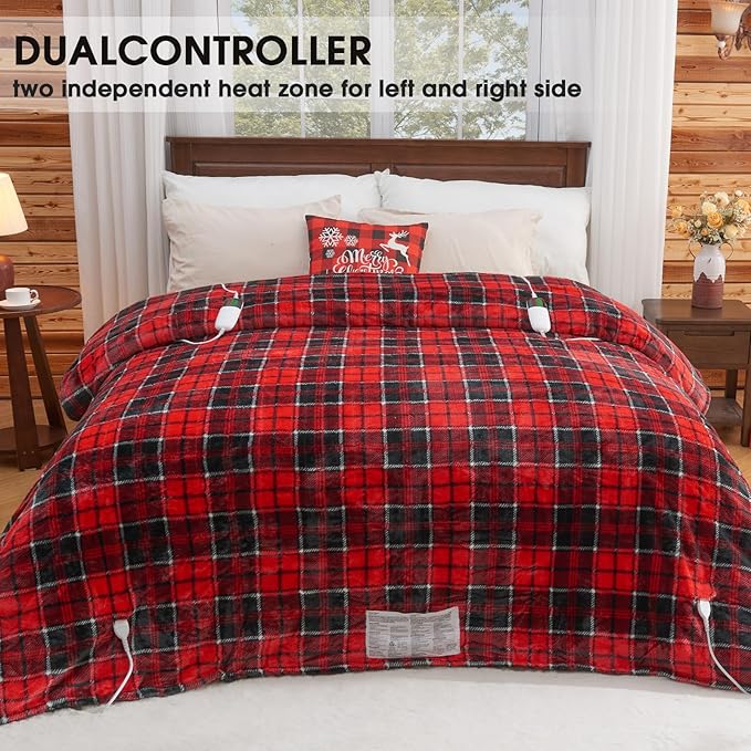 Heated Blanket Electric, Queen Size 84X90, Heating Blanket with 10 Heating Levels/8 Hours Auto Off/Dual Control for Bed, Red Checkered Sherpa Blankets Warmer for Adults, Christmas Blankets