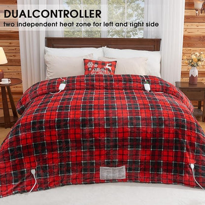 Heated Blanket Electric, Queen Size 84X90, Heating Blanket with 10 Heating Levels/8 Hours Auto Off/Dual Control for Bed, Red Checkered Sherpa Blankets Warmer for Adults, Christmas Blankets