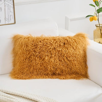 Genuine Mongolian Lamb Fur Pillow Cover – 12"x20" Rectangular Cushion Case – Soft Curly Wool Decorative Accent for Sofa, Bed, or Chair (Mustard Yellow)