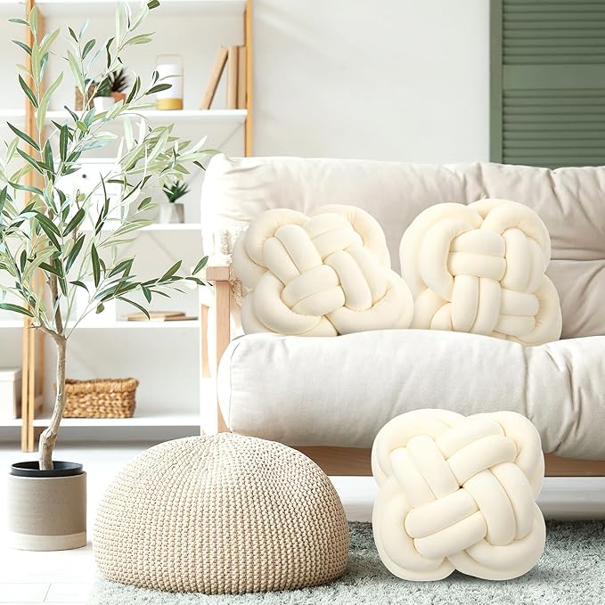 2 Pcs Knot Pillow Balls Set, 12 Inch Soft Decorative Throw Knot Pillow Ball, Large Square Knotted Floor Cushion for Living Room Bedroom Sofa Couch Bed Home Decoration(Beige)