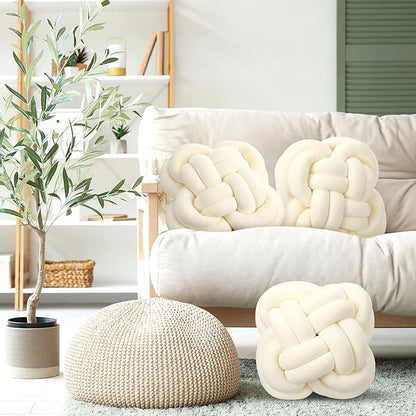 2 Pcs Knot Pillow Balls Set, 12 Inch Soft Decorative Throw Knot Pillow Ball, Large Square Knotted Floor Cushion for Living Room Bedroom Sofa Couch Bed Home Decoration(Beige)